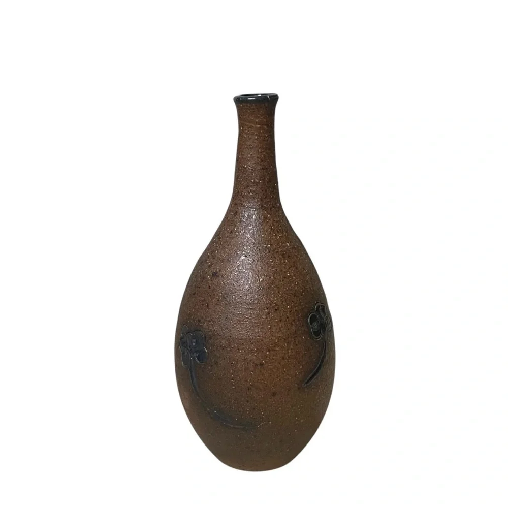 Hand Crafted Brown Vase with Black Floral Design